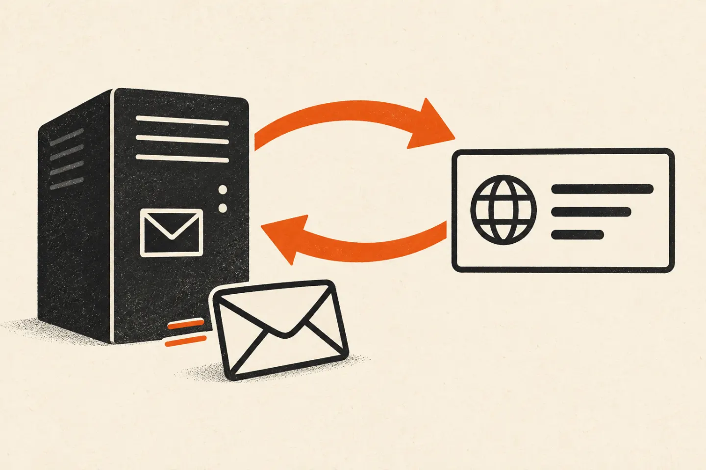 Illustration: Mailserver und Adresskarte sind durch zwei gegenläufige orange Pfeile verbunden.