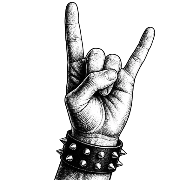 Illustration of a hand making the rock gesture in front of an orange brushstroke
